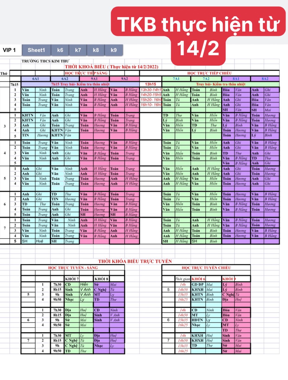 Thời khóa biểu thực hiện từ 14/02/2022