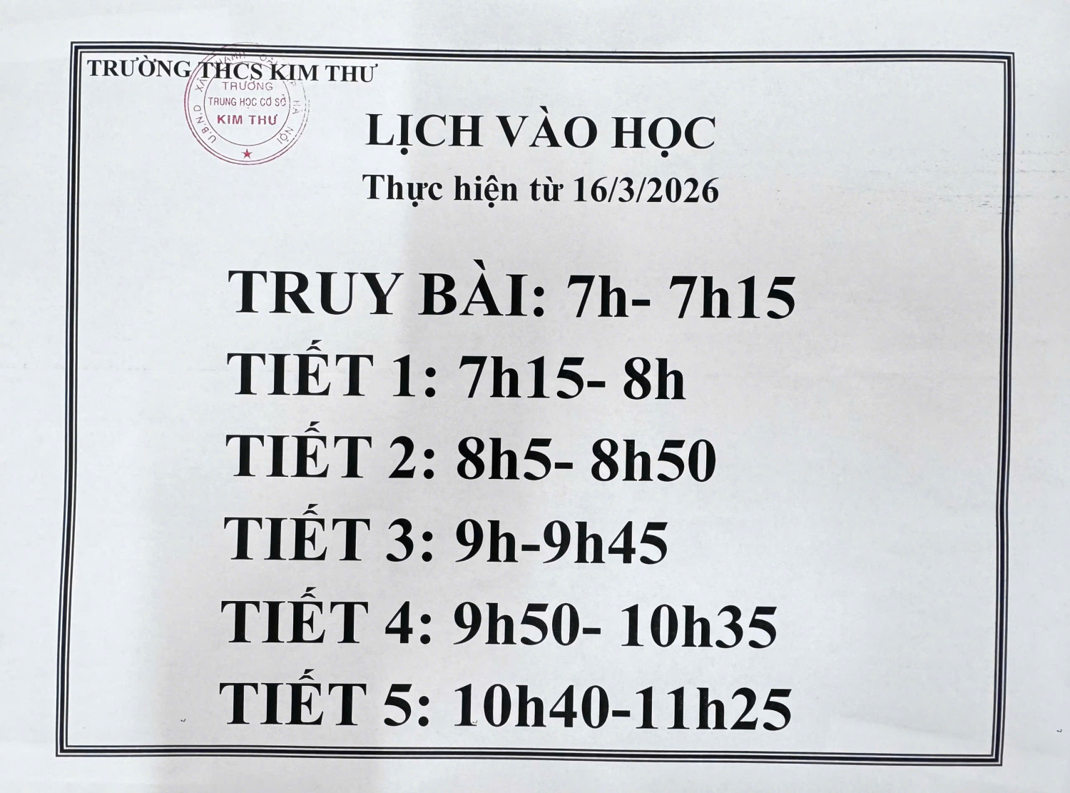 Thông báo thay đổi thời gian vào học
